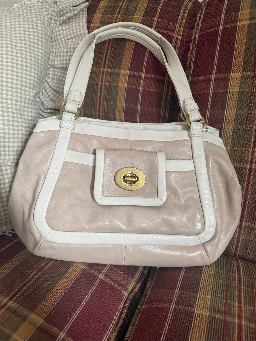 Coach Pale Blush and White Leather Shoulder Bag with Gold Turn-Lock